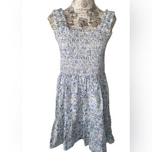 Aqua Women's White Blue Floral Eyelet Smocked Cotton Mini Dress Women’s Size XL
